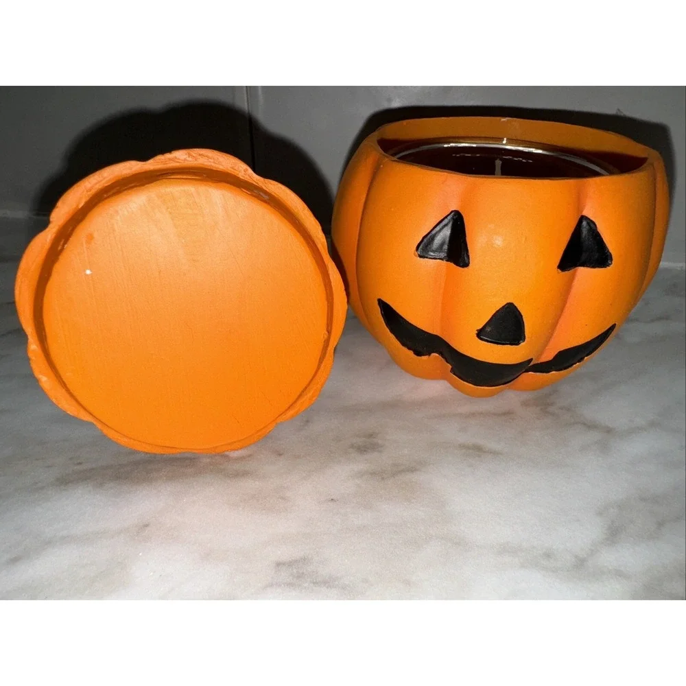 Vintage Ceramic Ghost on Pumpkin Lid Halloween Candle Holder Trinket Box‎